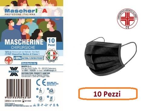 MASCHERINA CHIRURGICA MascherITA TIPO II,NERA, CONFEZIONE 10 PZ